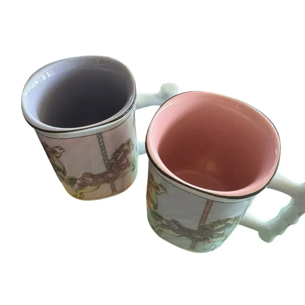 Takahashi‎ Carousel Horse Mugs Bamboo Style Handle Set of 2 Pink Purple